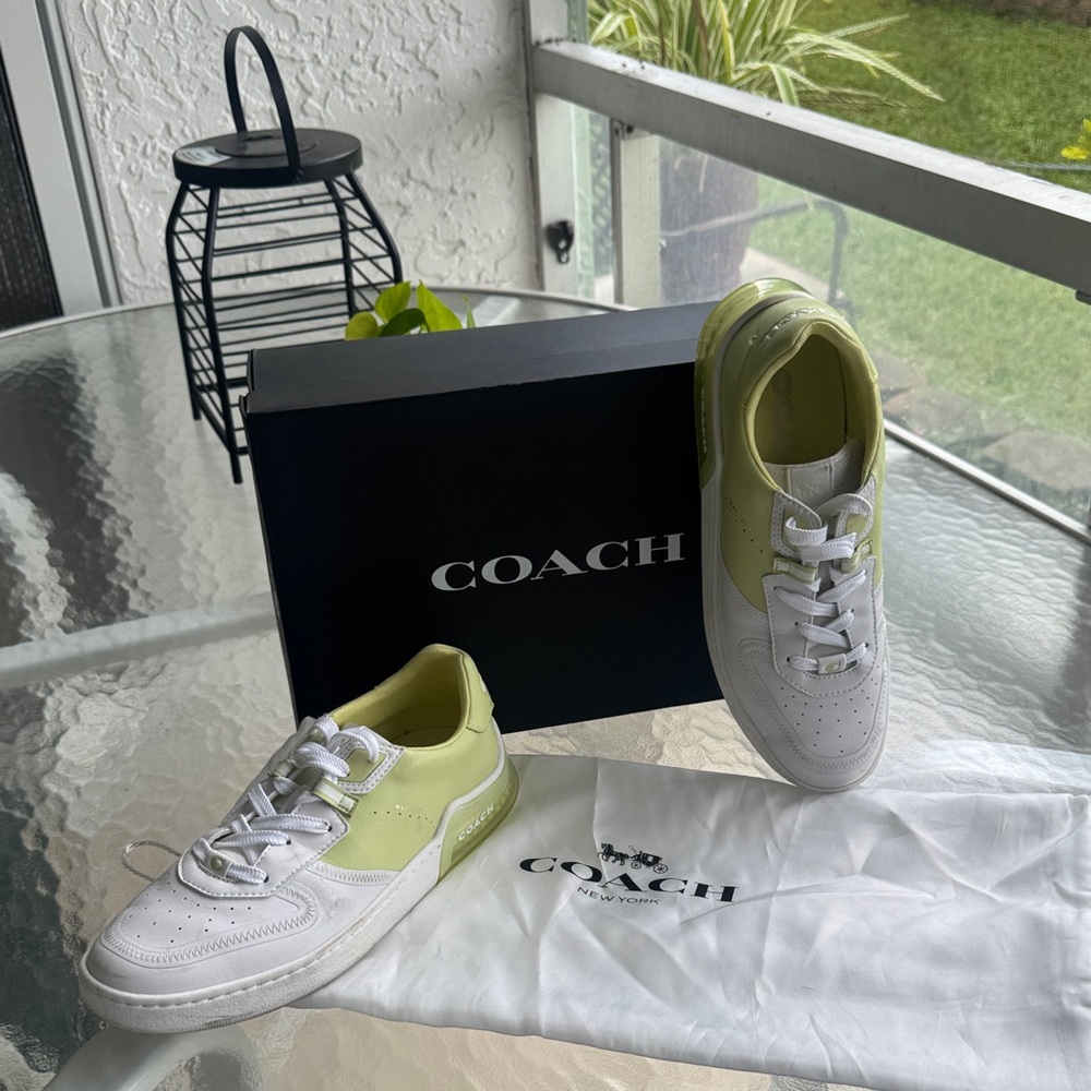 Coach White & Lime Low-Top Leather Sneakers